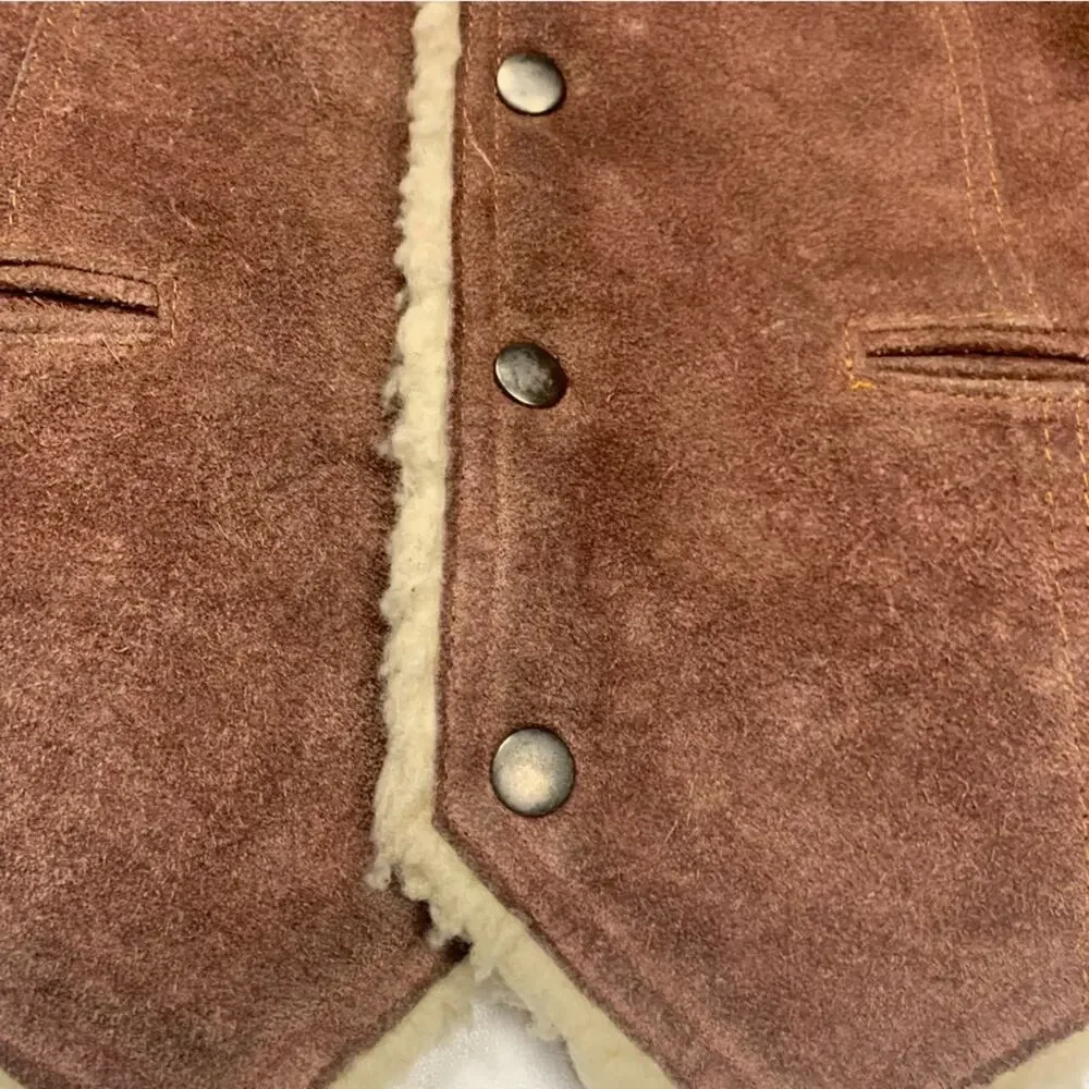 Vintage mens XL leather brown faux Sherpa vest oui cowboy western Yellowstone